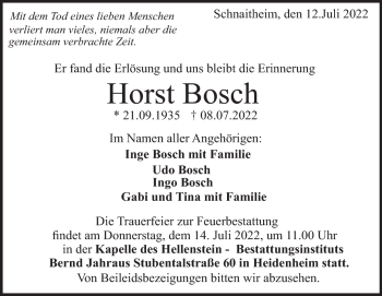 Traueranzeige von Horst Bosch von Heidenheimer Zeitung