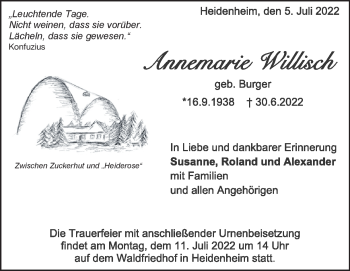 Traueranzeige von Annemarie Willisch von Heidenheimer Zeitung