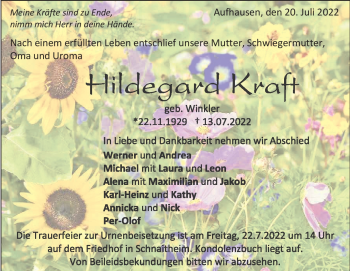 Traueranzeige von Hildegard Kraft von Heidenheimer Zeitung