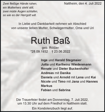 Traueranzeige von Ruth Baß von Heidenheimer Zeitung