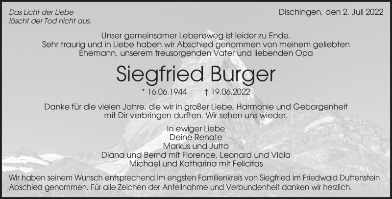  Traueranzeige für Siegfried Burger vom 02.07.2022 aus Heidenheimer Zeitung