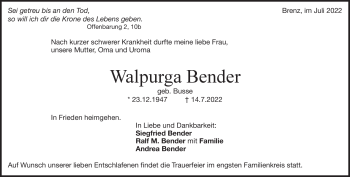 Traueranzeige von Walpurga Bender von Heidenheimer Zeitung