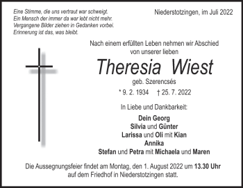Traueranzeige von Theresia Wiest von Heidenheimer Zeitung