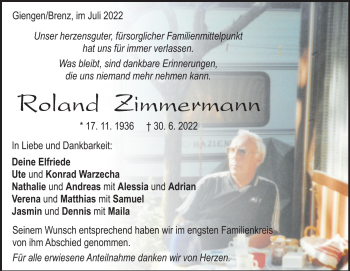 Traueranzeige von Roland Zimmermann von Heidenheimer Zeitung