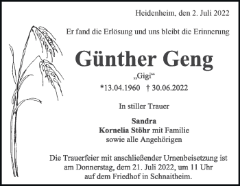 Traueranzeige von Günther Geng von Heidenheimer Zeitung