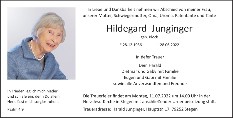  Traueranzeige für Hildegard Junginger vom 07.07.2022 aus Heidenheimer Zeitung