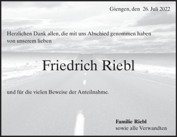 Traueranzeige von Friedrich Riebl von Heidenheimer Zeitung