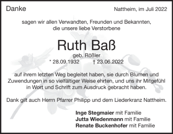 Traueranzeige von Ruth Baß von Heidenheimer Zeitung