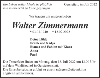 Traueranzeige von Walter Zimmermann von Heidenheimer Zeitung