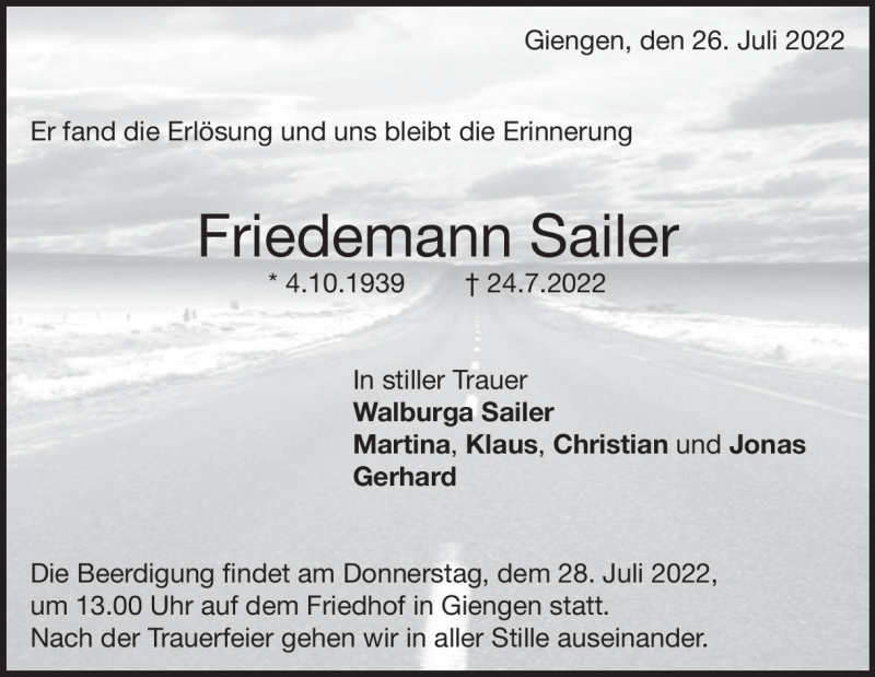  Traueranzeige für Friedemann Sailer vom 26.07.2022 aus Heidenheimer Zeitung
