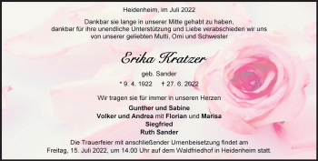 Traueranzeige von Erika Kratzer von Heidenheimer Zeitung