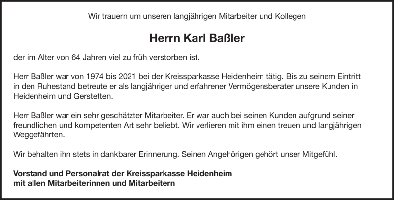  Traueranzeige für Karl Baßler vom 26.07.2022 aus Heidenheimer Zeitung