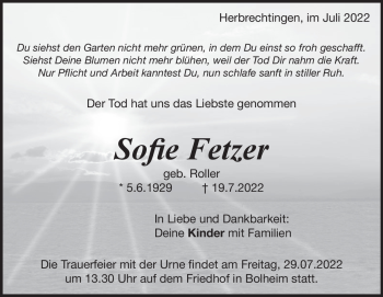 Traueranzeige von Sofie Fetzer von Heidenheimer Zeitung