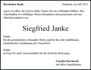 Traueranzeige von Siegfried Janke von Heidenheimer Zeitung