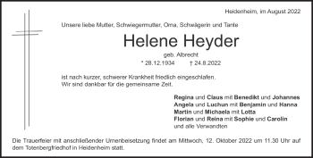 Traueranzeige von Helene Heyder von Heidenheimer Zeitung