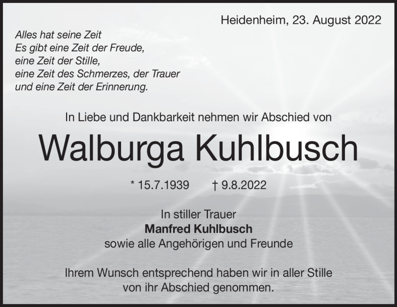  Traueranzeige für Walburga Kuhlbusch vom 23.08.2022 aus Heidenheimer Zeitung