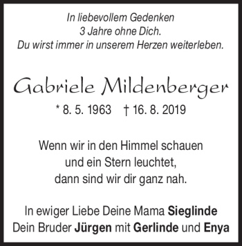 Traueranzeige von Gabriele Mildenberger von Heidenheimer Zeitung