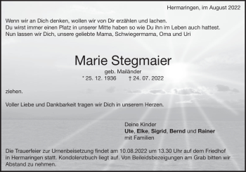 Traueranzeige von Marie Stegmaier von Heidenheimer Zeitung