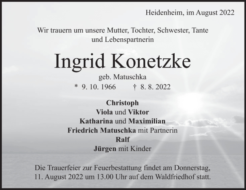  Traueranzeige für Ingrid Konetzke vom 09.08.2022 aus Heidenheimer Zeitung