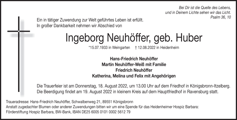  Traueranzeige für Ingeborg Neuhöffer vom 16.08.2022 aus Heidenheimer Zeitung