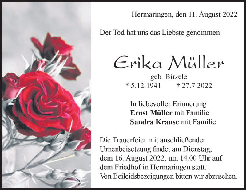  Traueranzeige für Erika Mülller vom 11.08.2022 aus Heidenheimer Zeitung