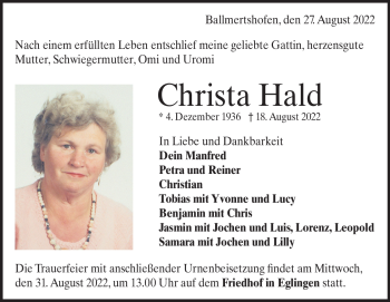 Traueranzeige von Christa Hald von Heidenheimer Zeitung
