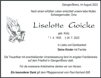 Traueranzeige von Liselotte Goicke von Heidenheimer Zeitung