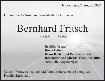 Traueranzeige von Bernhard Fritsch von Heidenheimer Zeitung