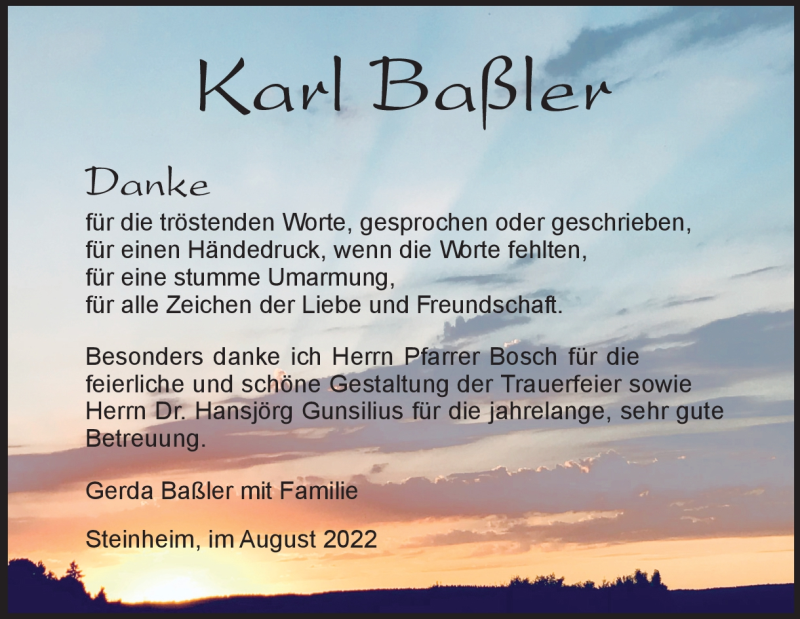  Traueranzeige für Karl Baßler vom 20.08.2022 aus Heidenheimer Zeitung