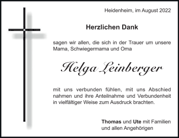 Traueranzeige von Helga Leinberger von Heidenheimer Zeitung