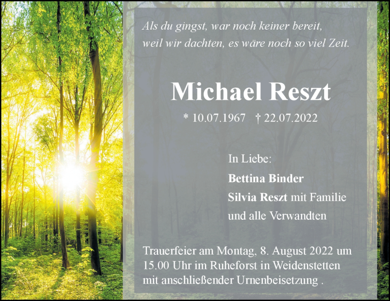  Traueranzeige für Michael Reszt vom 04.08.2022 aus Heidenheimer Zeitung