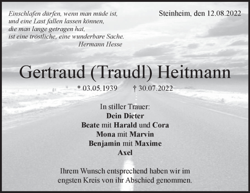  Traueranzeige für Gertraud Heitmann vom 12.08.2022 aus Heidenheimer Zeitung