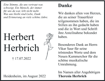 Traueranzeige von Herbert Herbrich von Heidenheimer Zeitung