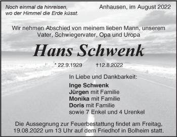 Anzeige Hans Schwenk