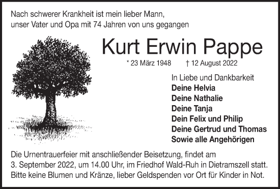 Traueranzeige von Kurt Erwin Pappe 