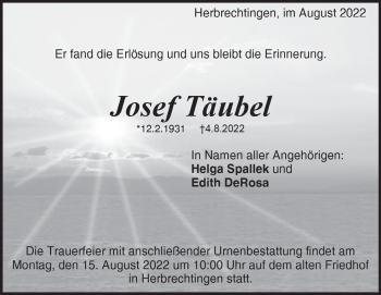 Traueranzeige von Josef Täubel von Heidenheimer Zeitung
