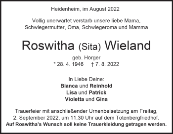 Traueranzeige von Roswitha Wieland von Heidenheimer Zeitung