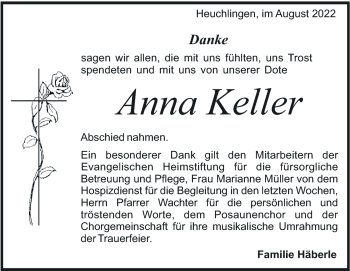 Traueranzeige von Anna Keller von Heidenheimer Zeitung