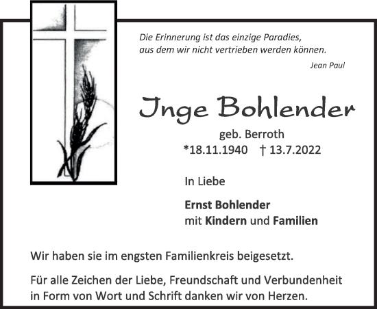 Traueranzeige von Inge Bohlender von Heidenheimer Zeitung