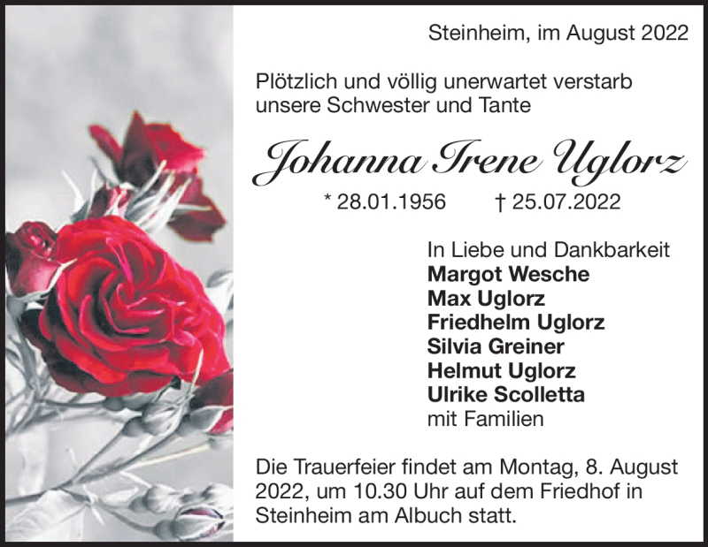  Traueranzeige für Johanna Irene Uglorz vom 03.08.2022 aus Heidenheimer Zeitung
