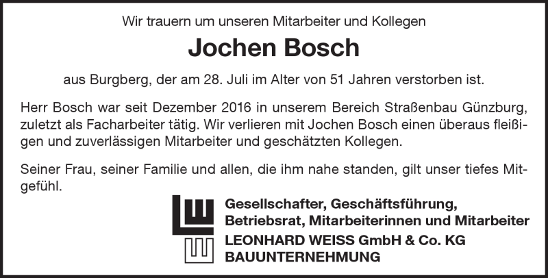  Traueranzeige für Jochen Bosch vom 06.08.2022 aus Heidenheimer Zeitung