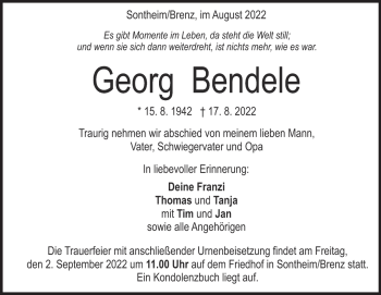 Traueranzeige von Georg Bendele von Heidenheimer Zeitung