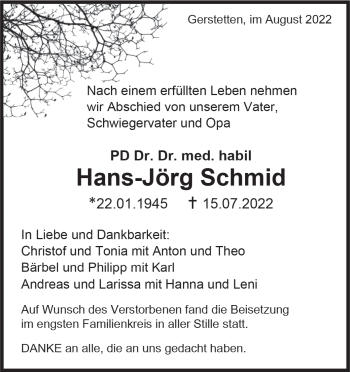 Traueranzeige von Hans-Jörg Schmid von Heidenheimer Zeitung