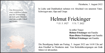Traueranzeige von Helmut Frickinger von Heidenheimer Zeitung
