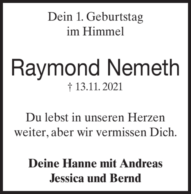  Traueranzeige für Raymond Nemeth vom 16.08.2022 aus Heidenheimer Zeitung
