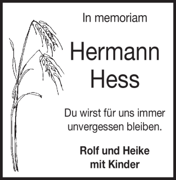 Traueranzeige von Hermann Heß von Heidenheimer Zeitung