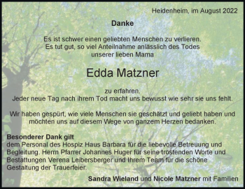 Traueranzeige von Edda Matzner von Heidenheimer Zeitung
