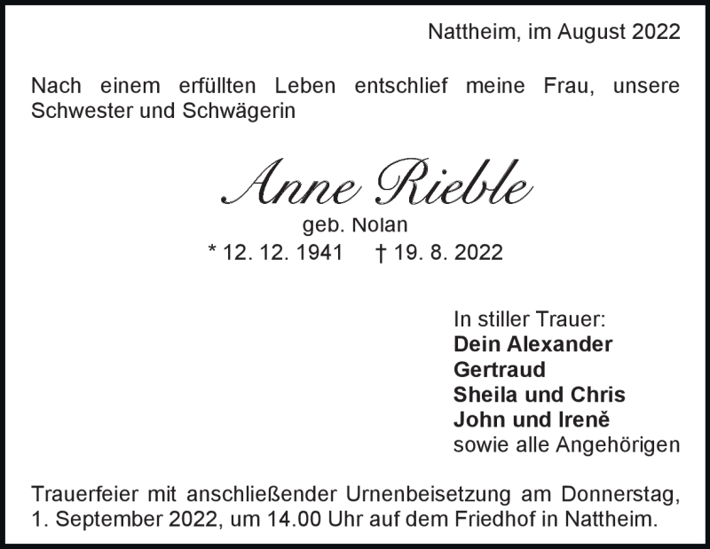  Traueranzeige für Anne Rieble vom 30.08.2022 aus Heidenheimer Zeitung