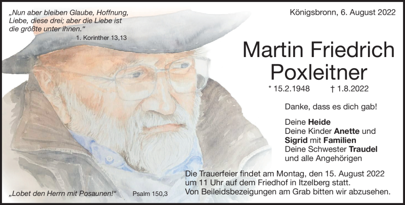  Traueranzeige für Martin Friedrich Poxleitner vom 06.08.2022 aus Heidenheimer Zeitung