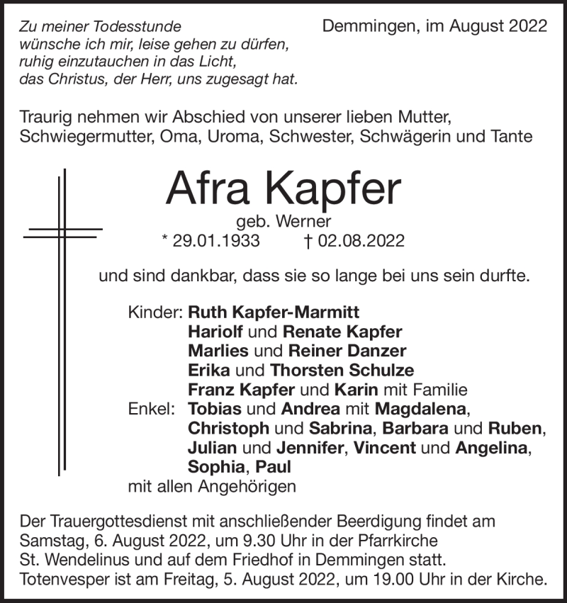  Traueranzeige für Afra Kapfer vom 04.08.2022 aus Heidenheimer Zeitung
